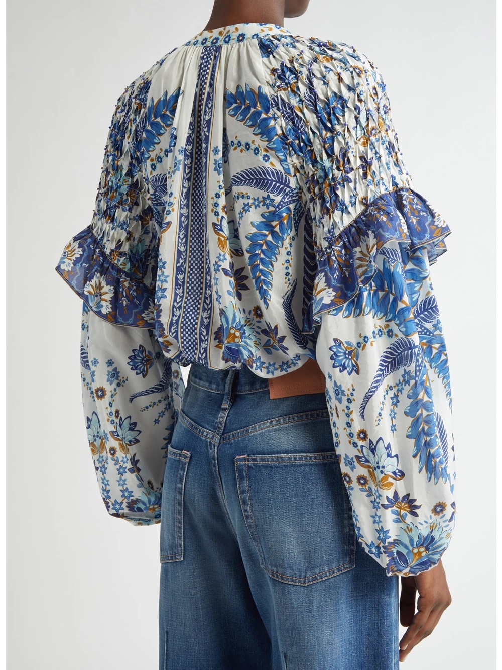 FARM Rio Ana Tapestry White & Blue Floral Smocked Peasant Blouse - Picture 2 of 7